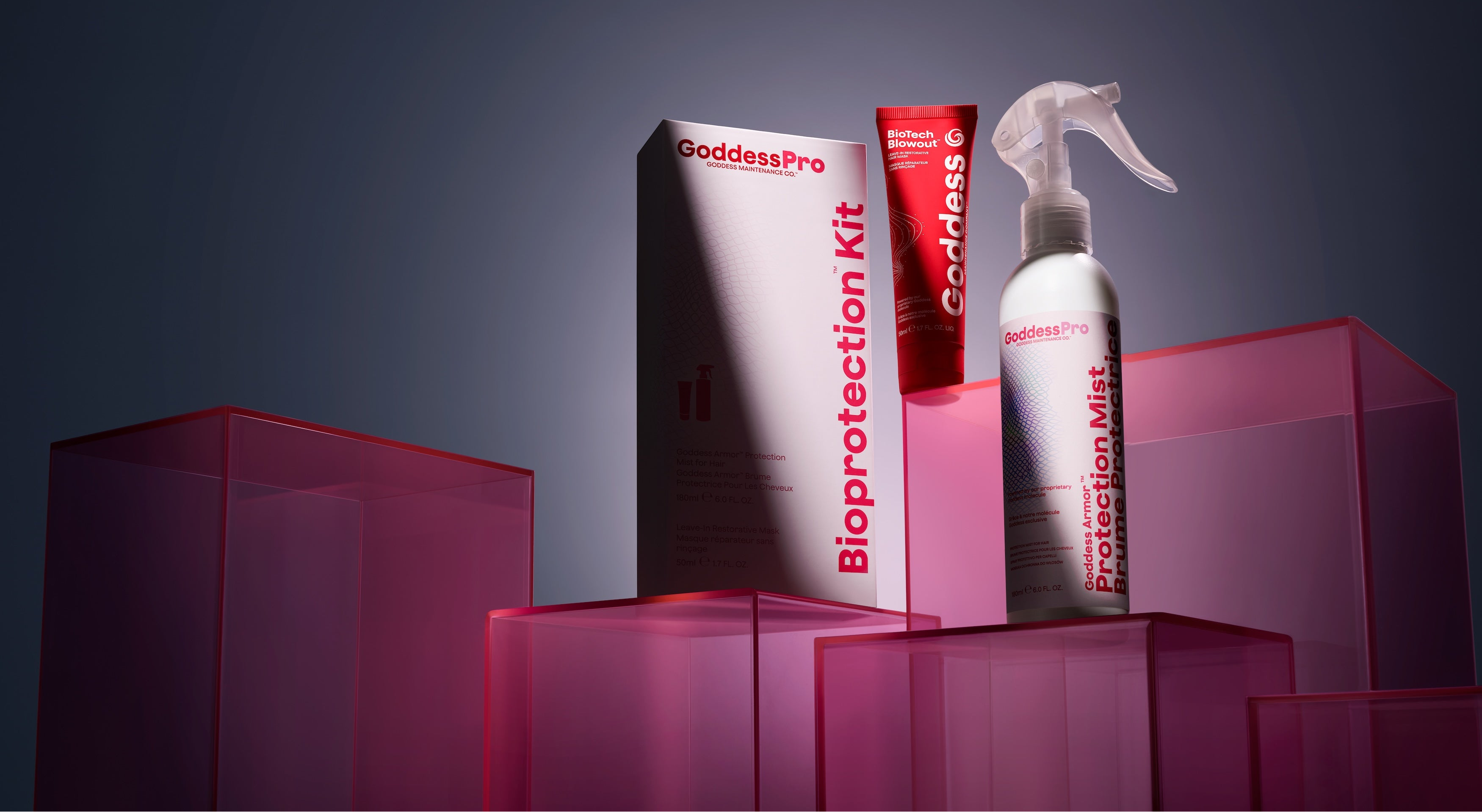 Goddess Pro Bioprotection Kit with a spray bottle on a reflective surface